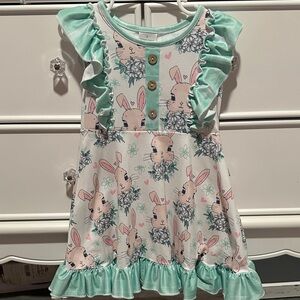Mint Green Bunny Print Ruffle Kids Dress